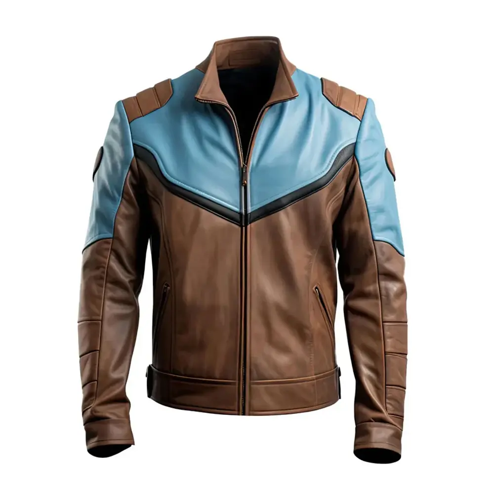 Men's Dusty Blue Brown Genuine Sheepskin Leather Racer Style Jacket, Stand Collar, Zip-up, Racer Style by Hide Crafts Menswear Coats