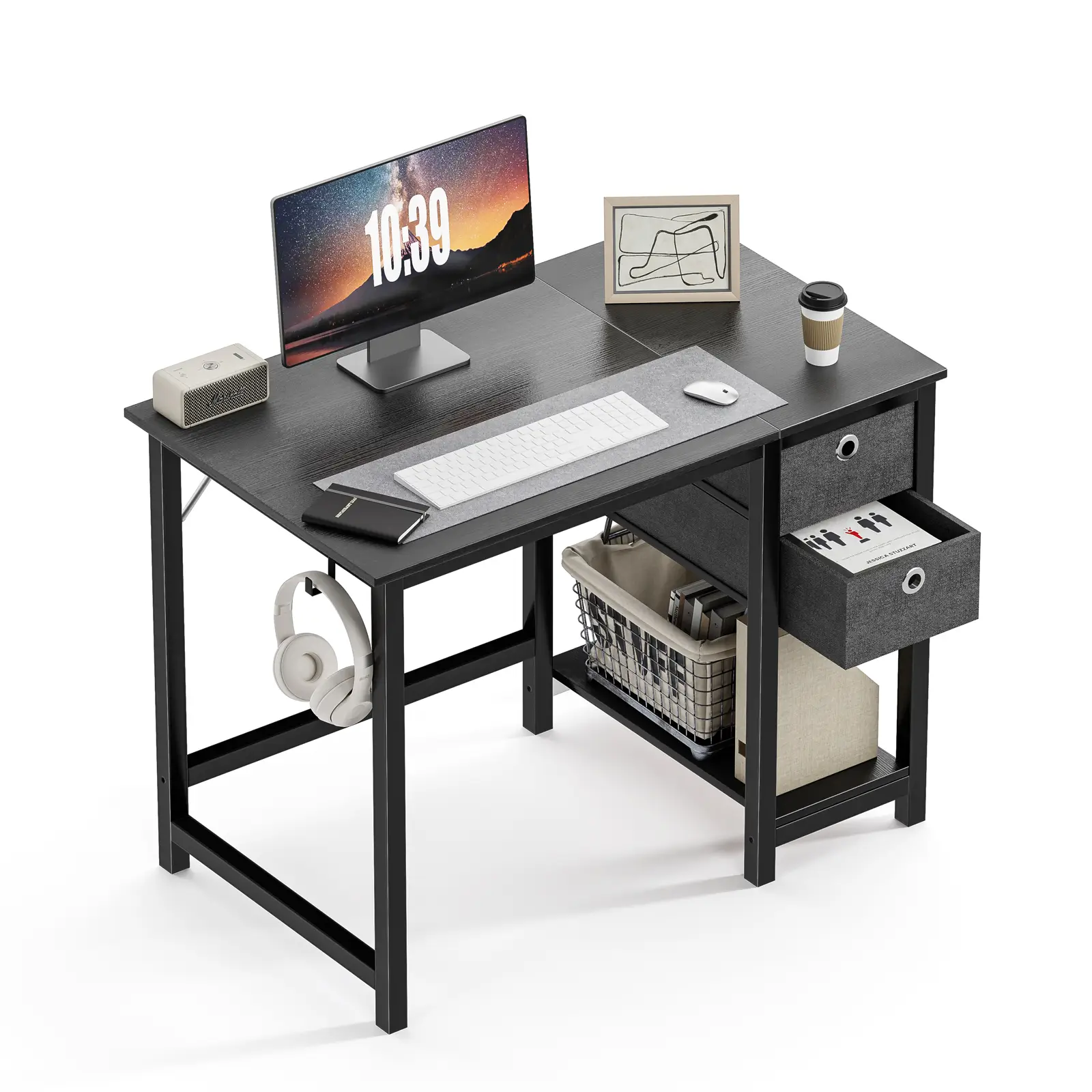 【Deal】SweetFurniture Computer Desk with Drawer 40 Inch Home Writing Desk Work PC Table Study Desk with 2-Tier Drawers Storage Shelf Headphone Hook