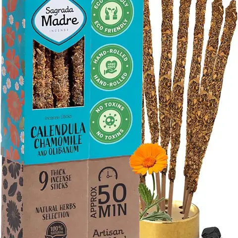 Sagrada Madre Wild Harvested Chamomile & Calendula Incense Sticks, 9 Thick Extra-Long Rods, Handcrafted with Calendula, Chamomile, Frankincense & Essential Oils, 50 Min Burn for Meditation, Relaxation & Aromatherapy, Abundance Peace Love Tranquility