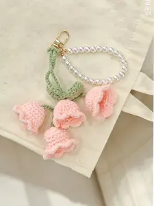 Crochet Lily of the Valley Keychain with Faux Pearl Strap, Handwoven Flower Bag Charm, Boho Aesthetic Knitted Bell Flower Pendant, Cute Gift for Friends, Daily Bag & Key Decoration