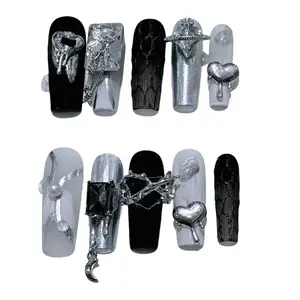 Y60 Dark square niche punk personality everything removable press on nails.unique gift.free tool party press Glitter Base French Tip Bold And Edgy Look