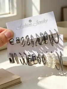 22pcs Gunmetal Earring Set, Twisted Chain, Imitation Pearl, Geometric Irregular Bend Earrings, Low Allergy Jewelry, Fashion Accessory