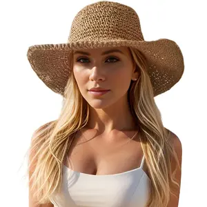 Women's Foldable Beach Hat, Wide Brim Sun Protection Cap, Sunscreen Hat, Soft Straw Travel Hat for Summer, Loose Fit Casual Style