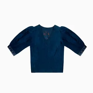 Blue CraftX Silk Blouse With Hand Embroidery & Batik Design