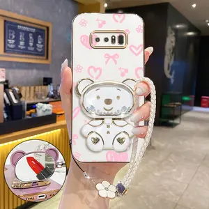 Note 8 Popular Series Lucky Clover Strap Lanyard Phone Holder Case For Compatible With Samsung Galaxy Note 8 Plating Cover and Impact Resistant Pink Fun Cherry Bear Protector Cases