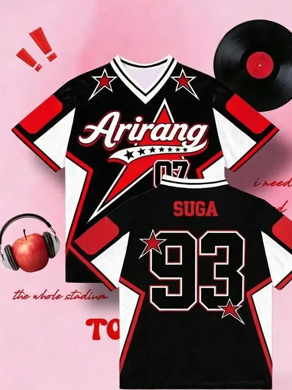 Arirang 94 Star Print Jersey Tee, KPop Inspired Oversized V-Neck Shirt, Breathable Streetwear Top