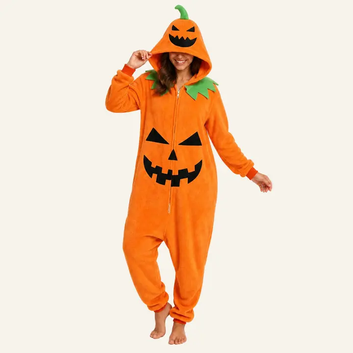 Women's Unisex Pumpkin Kigurumi Onesie Hoodie - Soft Fabric, Comfortable Fit, Long Sleeve Orange Leaf Design, Zipper-Closure Costumes for Sleepwear & Loungewear