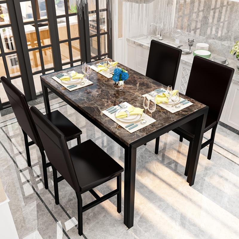 Lamerge Dining Table Set for 4, Faux Marble Table with 4 PU Leather ...