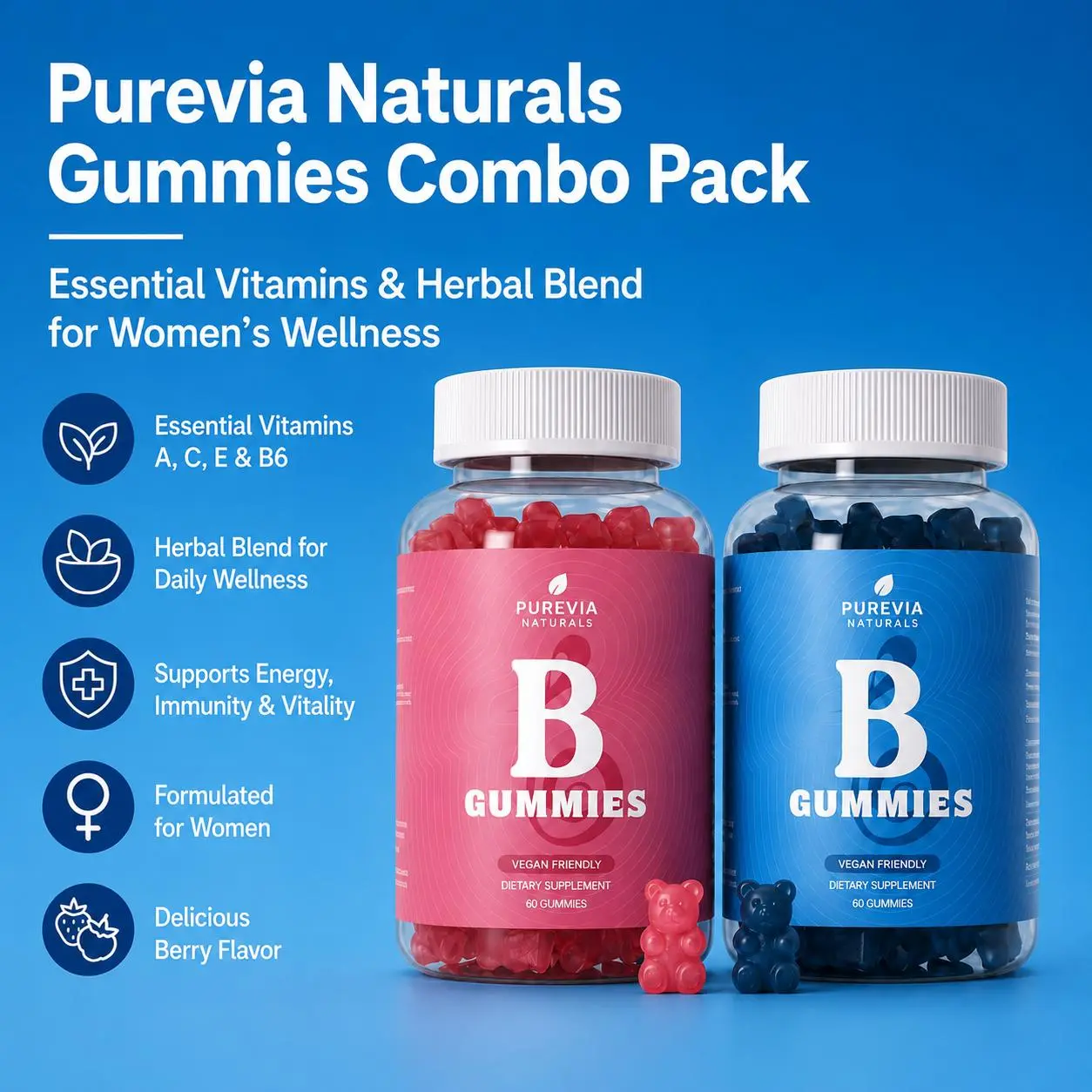 Purevia Naturals Women's Multivitamin Gummies Combo Pack | 13 Herbal Ingredients + Vitamins A, C, E & B6 | Berry Flavor | Vegan & Gluten-Free | 2 Bottles | 120 Gummies