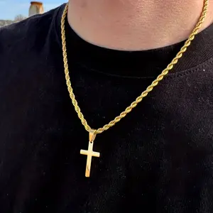 Elegant Men'S Cross Pendant Necklace - 18K Gold-Plated Stainless Steel, Twisted Rope Chain Design, Perfect Gift for Boyfriend or Husband
