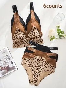 Women's Leopard Print Letter Tape Wireless Bra & Panty Set, Comfy Fashion Breathable Backless Bra & Panty Set, Softness Lingerie Set for Women, Underwear Sets