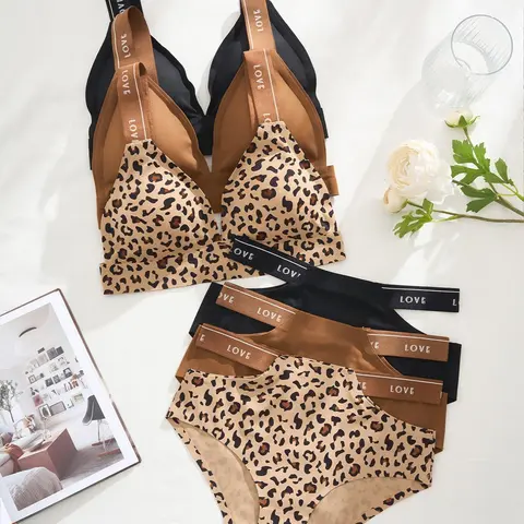Women's Leopard Print Letter Tape Wireless Bra & Panty Set, Comfy Fashion Breathable Backless Bra & Panty Set, Softness Lingerie Set for Women, Underwear Sets, Underwear Undergarments, Leopard Printed Underwear