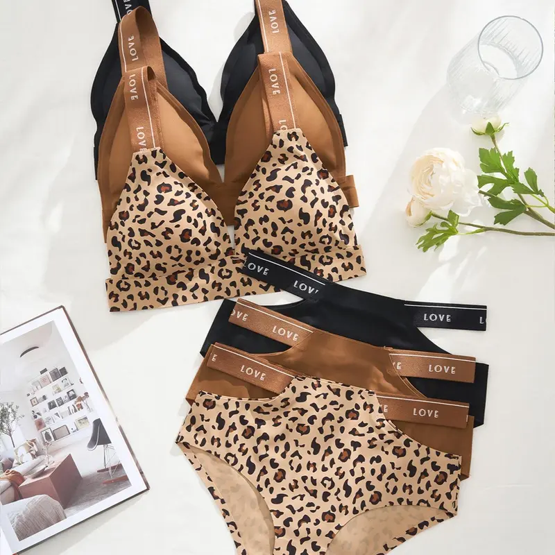 Women's Leopard Print Letter Tape Wireless Bra & Panty Set, Comfy Fashion Breathable Backless Bra & Panty Set, Softness Lingerie Set for Women, Underwear Sets, Underwear Undergarments, Leopard Printed Underwear
