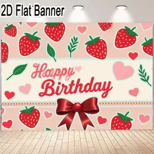 2D flat banner, 1pcHappy Birthday Card - Cute Strawberry Design with Pink Background and Red Bow Festive Greeting Card Ideal for Birthday Celebrations Greeting and Invitation Card Perfect for All Ages Special Occasion Card with Heart Shapes and Pla