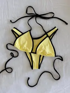 Two-Piece Set Women's Contrast Binding Bikini Set, Casual Halter Neck Triangle Swim Bra & Swim Panty, Ladies Summer Swimsuit for Beach Holiday Vacation, Halter Bikini Top, Swimwear Set