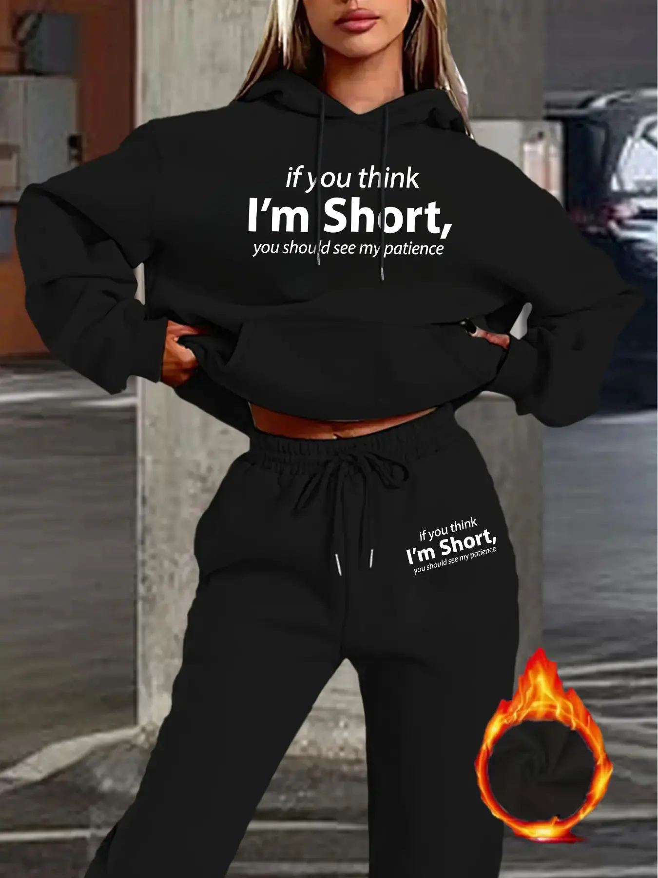 "If You Think I'm Short, You Should See My Patience" Graphic Tracksuit, Lounge Tracksuit Outfits, Black Crop Hoodie & Sweatpants Set, Streetwear Aesthetic with Warm Fabric, Women's Casual Loungewear, Letter Print Sweatsuit