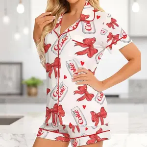 Diet Coke Drink Coquette Bow Short Sleeve Satin Pajamas Set For Women , Ladies Sleepwear for all Seasons, Loungewear, Cute Party Pajama Set