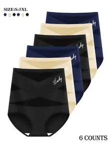 6PCS High-Waisted Letter Print Tummy Control Briefs,Criss Cross Mesh Panties,Breathable & Comfy Underwear for Women,Everyday Comfort Knicker, All Seasons Fit for Woman.