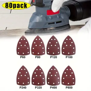 80 Pcs Triangular Mouse Sander Sandpaper Pads Set,11-Hole Hook & Loop Detail Sanding Sheets,Premium Aluminum Oxide Abrasive for Metal,Wood,Paint,Leather,Glass,Tools & Hardware