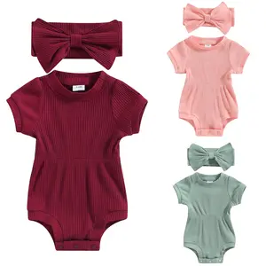 Newborn Baby Girl Clothes Solid Ribbed Knit Short Sleeve Romper Jumpsuit Bodysuit with Headband Summer Outfit #Springtok