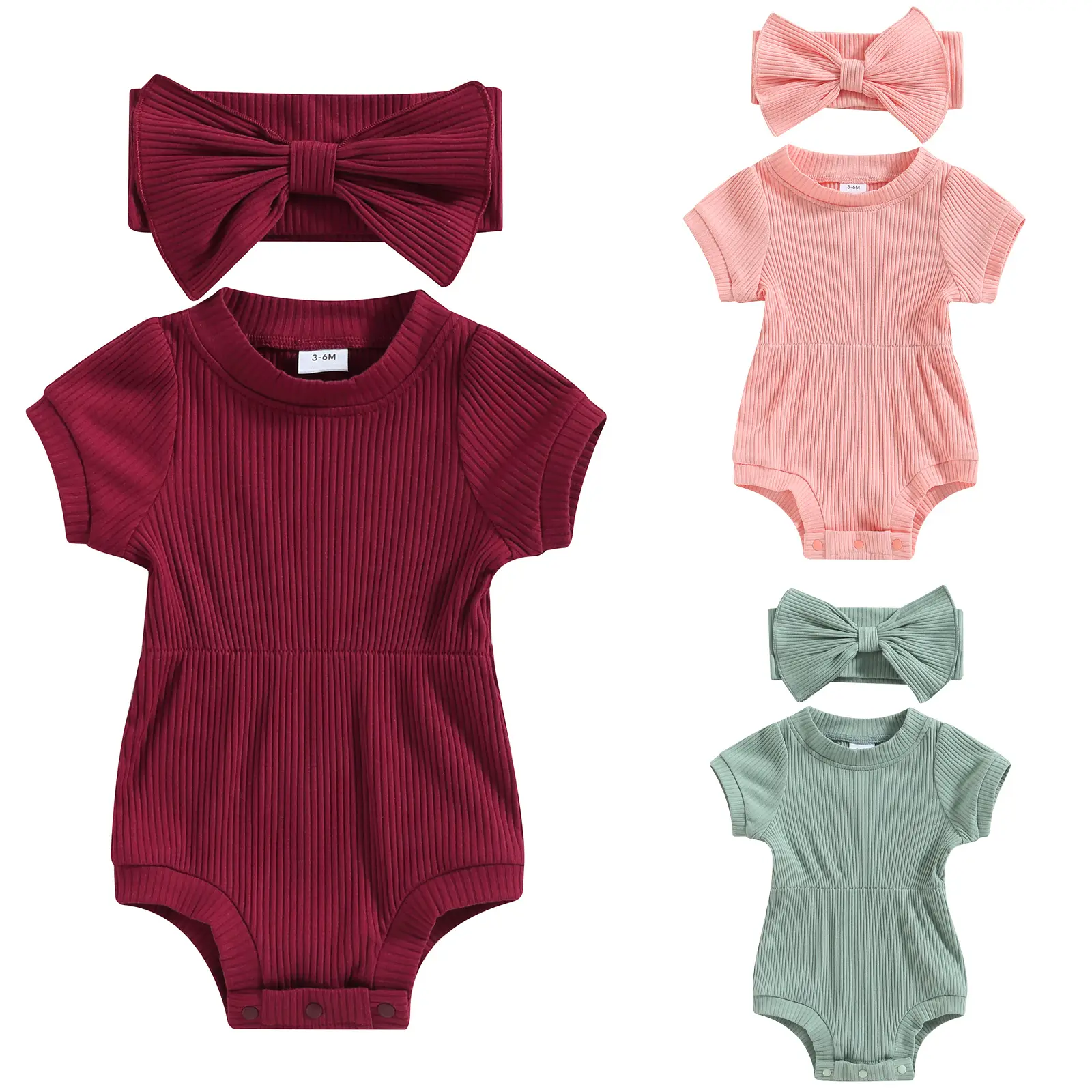 Newborn Baby Girl Clothes Solid Ribbed Knit Short Sleeve Romper Jumpsuit Bodysuit with Headband Summer Outfit #Springtok