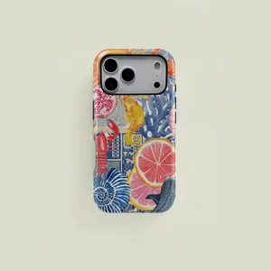 This blue and orange watercolor-style protective case features a cute seahorse, crab, and seashell patchwork pattern. It's a durable 2-in-1 case compatible with iPhone 17/16/15/14/13/12/11 Pro Max/Plus/Pro and Samsung Galaxy S25/S24/S23 Ultra series.
