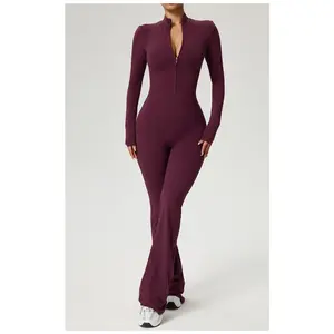 ALPINEA Zippered Cloud-Soft Long-Sleeve Flare-Leg Yoga Bodysuit - High-Impact One-Piece Tummy Control, Butt Lifting & Slim Fit for Gym & Pilates Scrunch Jumpsuit Workout Jumpsuit
