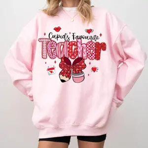 Cupid's Favorite Teacher Bow Pencil Sweatshirt, Valentines Day Teacher Shirt, Retro Valentine Teacher Lace Shirt, Valentine's Day Gift For Teacher