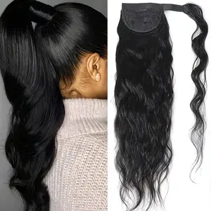 Hot Sell NEW Arrived Elegant Brazilian Body Wave Ponytail, Human Hair Wrap Around Clip-In Hairpiece, Natural Black Long Pony Tail Extension for Women, 8-30 Inch, Party Style, Natural Wave Texture, Black Hairpiec