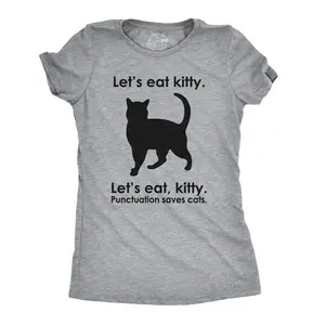 Women's Let's Eat Kitty T Shirt Funny Punctuation Shirt Cat Tee for Women Funny Womens T Shirts Cute Vintage Fashion Casual Ladies T-Shirt Gift Funny Cat Top Women's Novelty Tees Light Grey