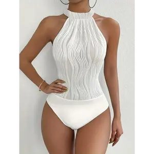 Women's Elegant Off-Shoulder Halter Bodysuit for Women - Sleeveless, Form-Fitting, Solid Color White with Textured Fabric, High Cut Swimwear for Spring/Summer