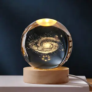 3D Galaxy Crystal Ball Night Light with Gift Box, 60mm (2.36in) K9 Glass Milky Way Lamp with Wooden Base & Switch, USB Powered Warm Bedside Lamp, Science Astronomy Gifts for Kids, Women, Men, Birthday