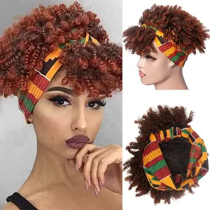 Headband Attached Short Wig, Synthetic Fluffy Afro Curly, 8-Inch High Elastic Curly Hair Scarf Wrap Wig for Women Easy Wear