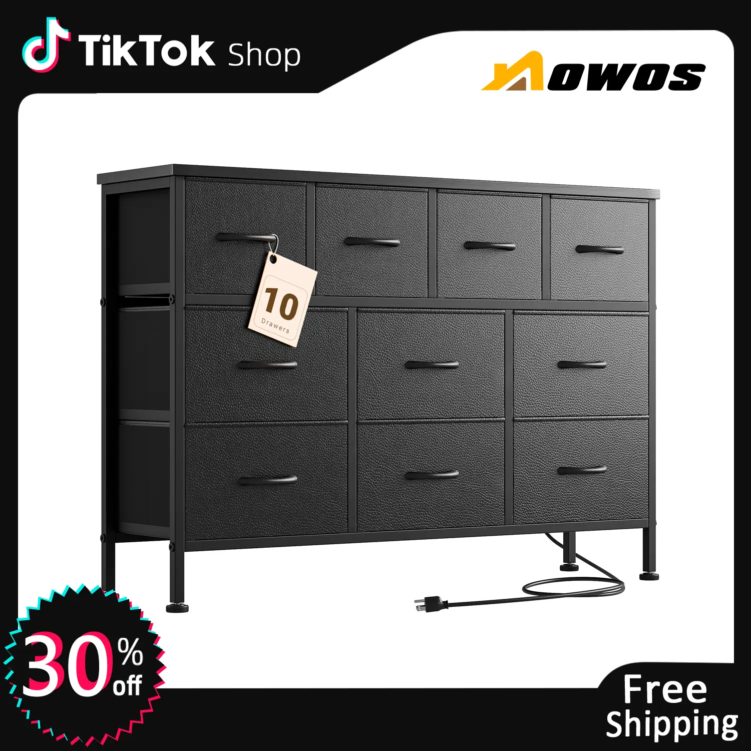 【FallDealsForYou】AOWOS 10 Drawer Dresser, Dresser TV Stand with Power Outlet, Bedroom Dresser, Chest of Drawers for 55'' Long TV, Wide Fabric Dresser