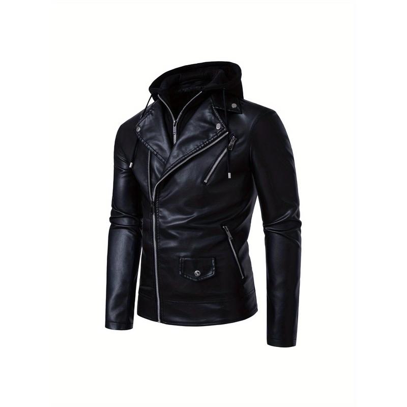 Men's fashionable black PU leather jacket - A versatile and fashionable black mid-length hooded motorcycle leather jacket for winter stand-up collar casual men. Besides keeping warm for men