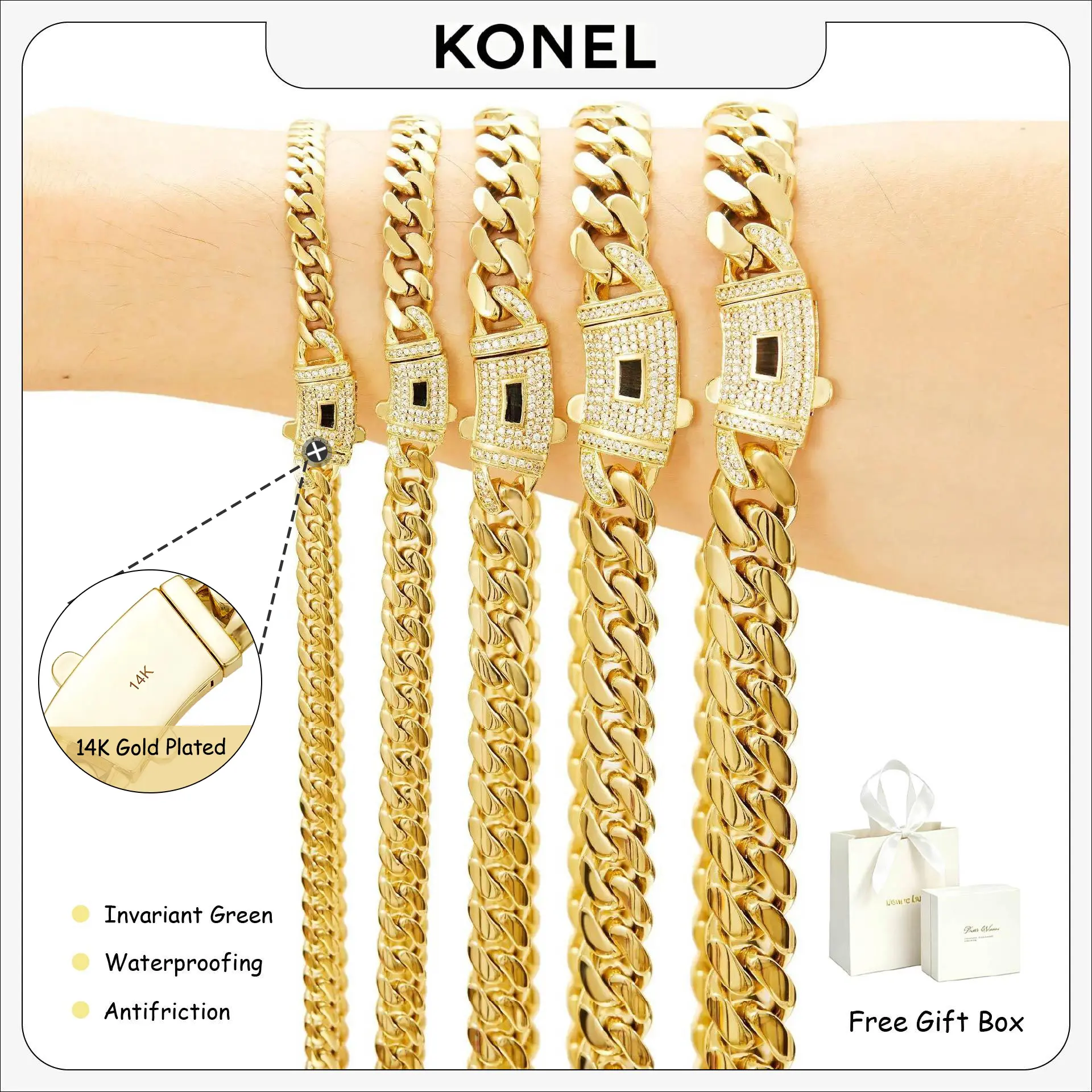 [Newly Upgraded] 14K Gold-Plated Cuban Necklace. The exquisite craftsmanship and classic zircon setting are stunning. The Miami Cuban Necklace blends tradition and modern style. The perfect gift for him, a summery gold necklace for Father's Day.