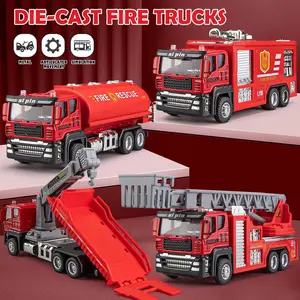 4 Packs Metal Fire Trucks Playsets, Mini Friction Powered Vehicle, Including Fire Engine, Ladder Truck, Die-cast Tank, Tow, Realistic Design for Toddlers Boys, Kids Aged 3+ Years Old