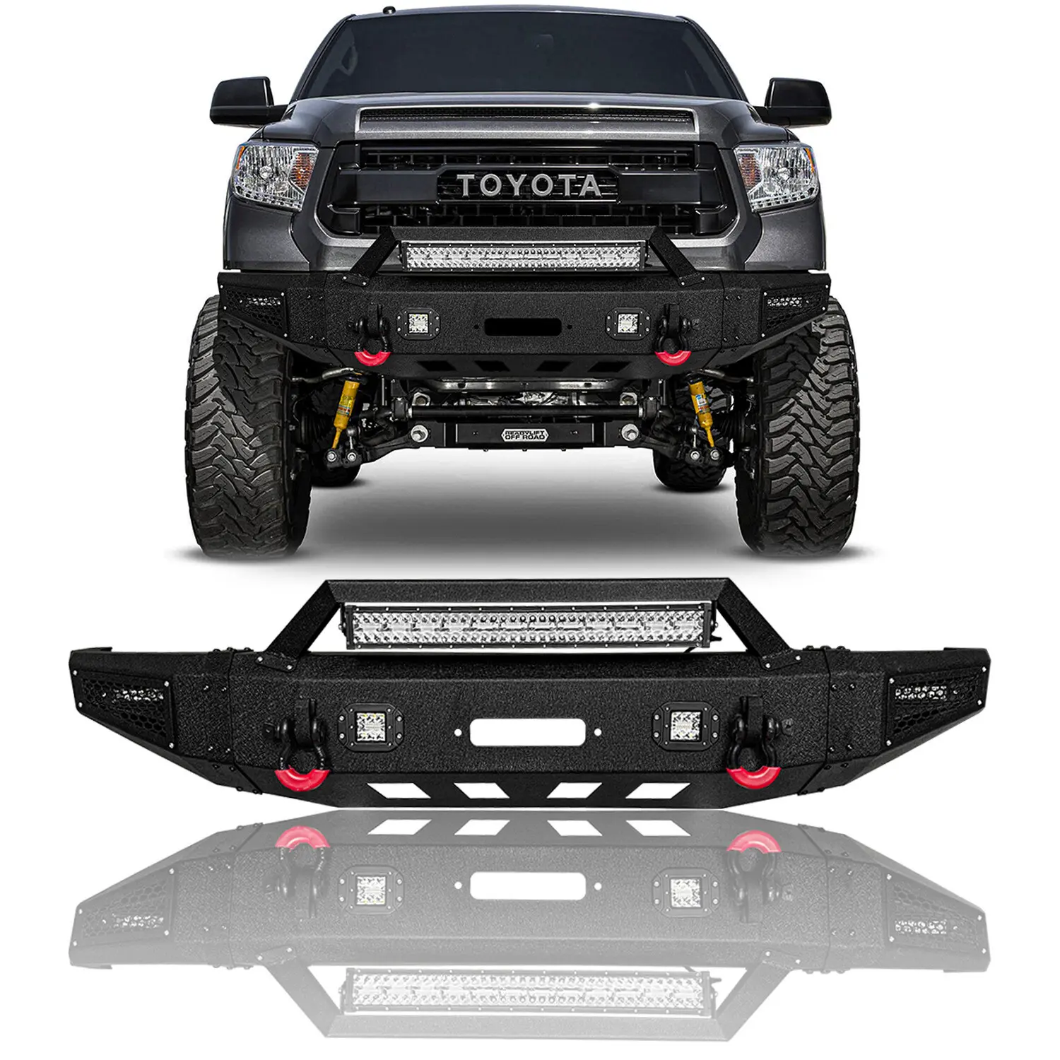 Vijay Black Texture Steel Front Bumper for 2014-2021 Toyota Tundra, with Winch Plate, LED Lights, 2 x D-Rings, Enhanced Visibility, Off-Road Performance, Simple Screw Installation, Wiring Sold Sep., D-Ring Slots