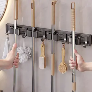 Space-Saving Heavy-Duty Metal Mop and Broom Holder with Adjustable Hooks, Space Saver Organizer, Wall-Mounted Organizer for Home Kitchen Garden Laundry Garage