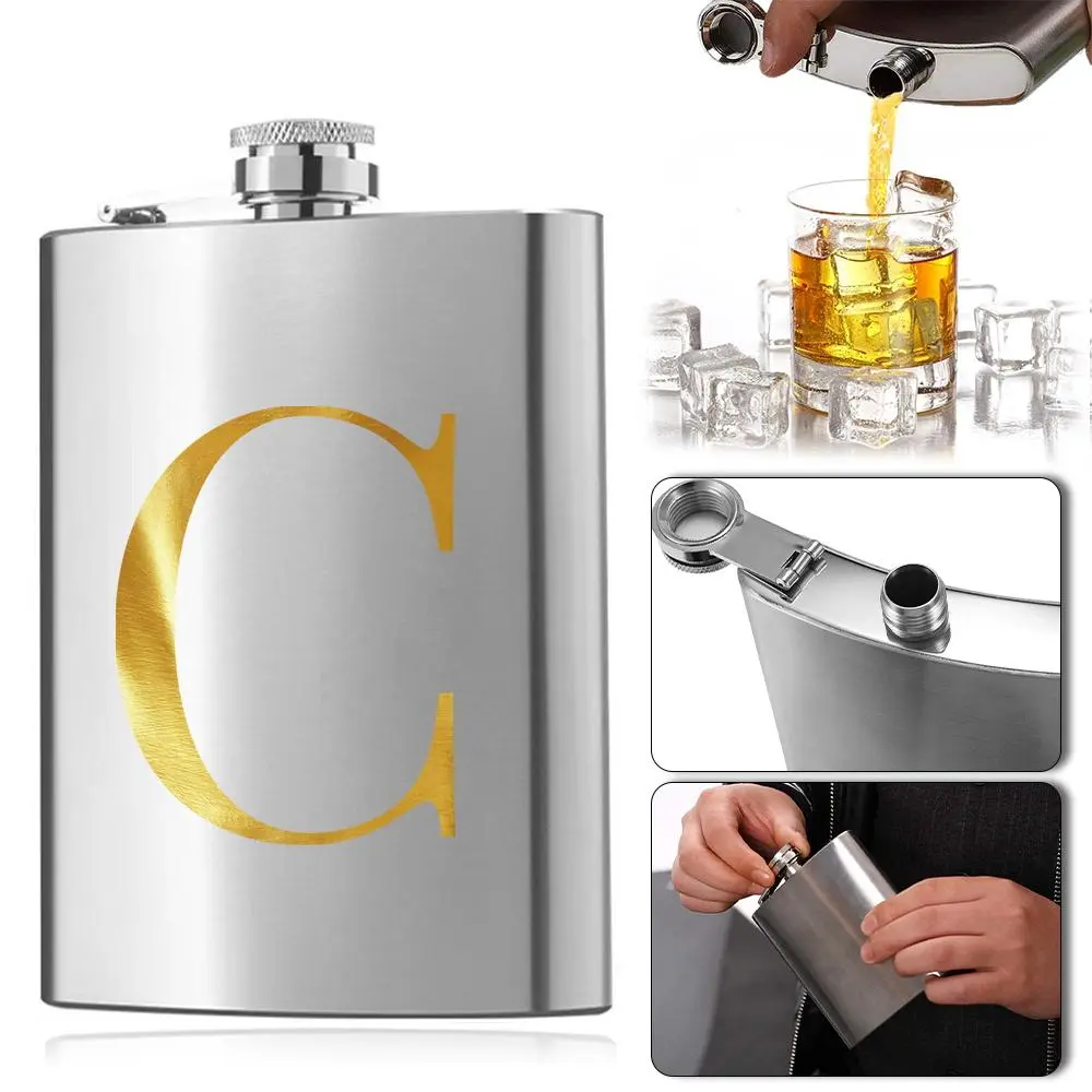 8oz Letter Pattern Stainless Steel Hip Flask, Portable Pocket Alcohol Bottle, Metal Wine Pot, Whiskey Wine Bottle, Travel Drink Ware Accessory