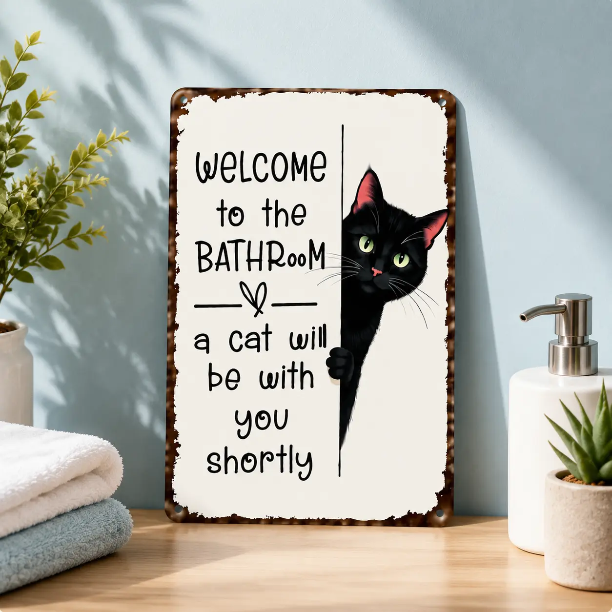 Funny Cat Bathroom Metal Sign, Welcome To The Bathroom A Cat Will Be With You Shortly, Cute Black Cat Wall Decor, Vintage Tin Sign for Bathroom Home Decor, Cat Lover Gift, Farmhouse Rustic Wall Art 8x12 Inch god bless