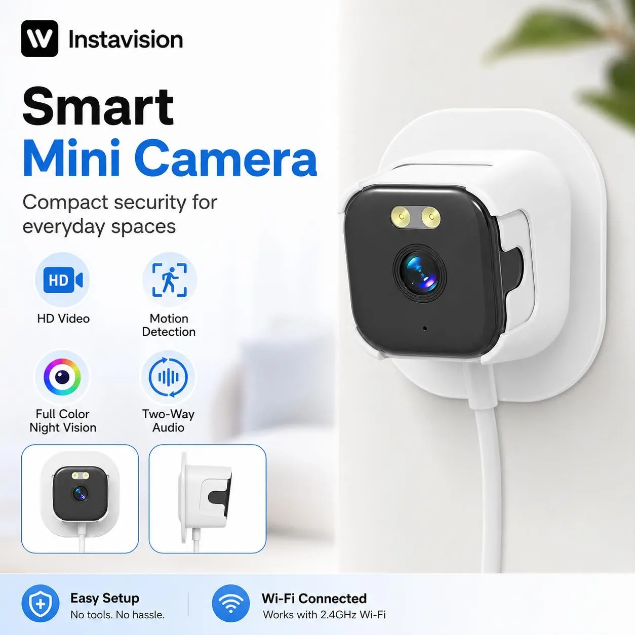 Security camera. WiFi Window Security Camera - Plug-In Indoor Camera with HD Video, Full Color Night Vision, Motion Detection Alerts, 2-Way Audio, OKAM App Control, 2.4GHz WiFi