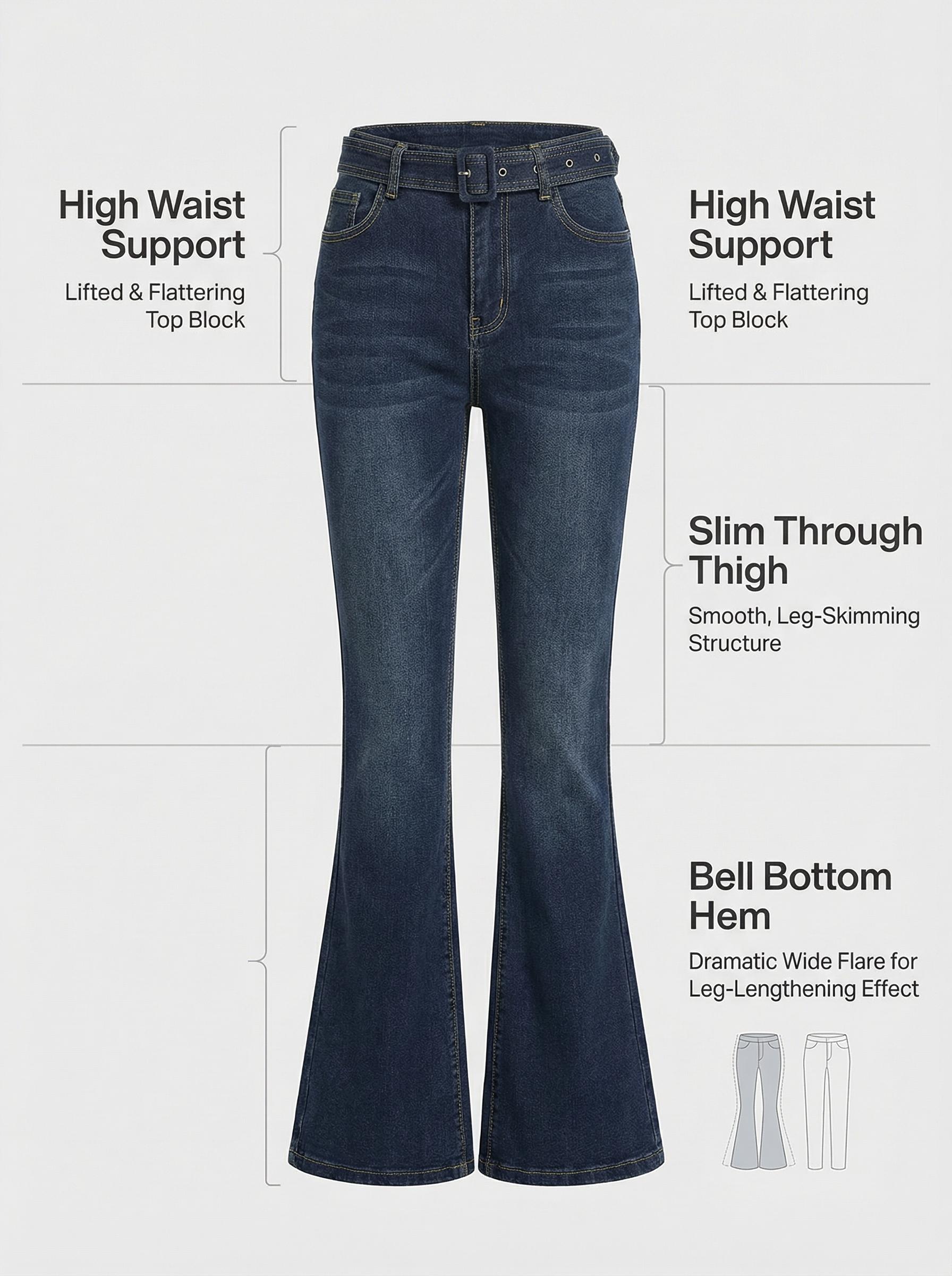 Women’s Flare Jeans Bell Bottoms Stretchy Flattering Dark Wash Denim Pants With Belt Y2K Vintage Grunge Alt Casual Streetwear