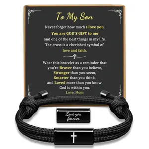 Mens Cross Bracelet for Son, To My Son Bracelet from Mom, Christian Gifts for Boys, Joshua 1 9 Baptism & First Communion Keepsake, Adjustable Faith Bracelet with Encouragement Card