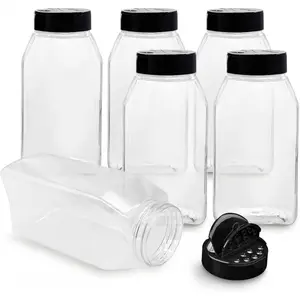 6 PACK 32 Oz with Black Cap, Plastic Spice Jars Bottles Containers, Perfect for Storing Spice, Herbs and Powders, Lined Cap, Safe Plastic, PET, BPA free, Made in the USA Transparent Bath