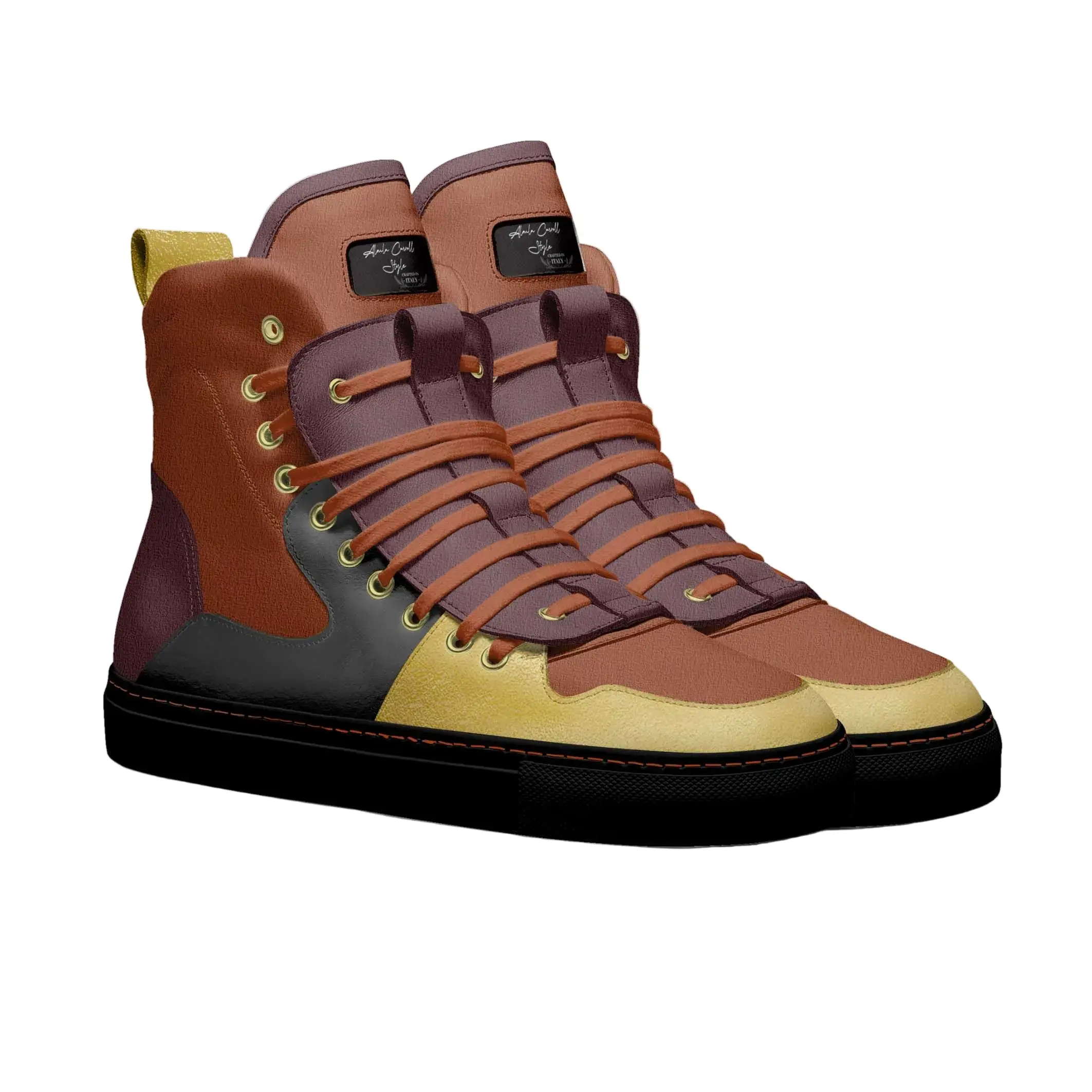Designer Laced High-Top Sneaker – Black, Gold, Wine & Redskin