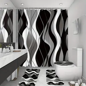 4pcs Black Shower Curtain Sets with Non-Slip Rugs, Toilet Lid Cover and Bath Mat, Black and Gray Bathroom Decor Set Accessories Fabric Shower Curtains with 12 Hooks, 72 x 72 Inch Bathroomcurtain Showercurtain