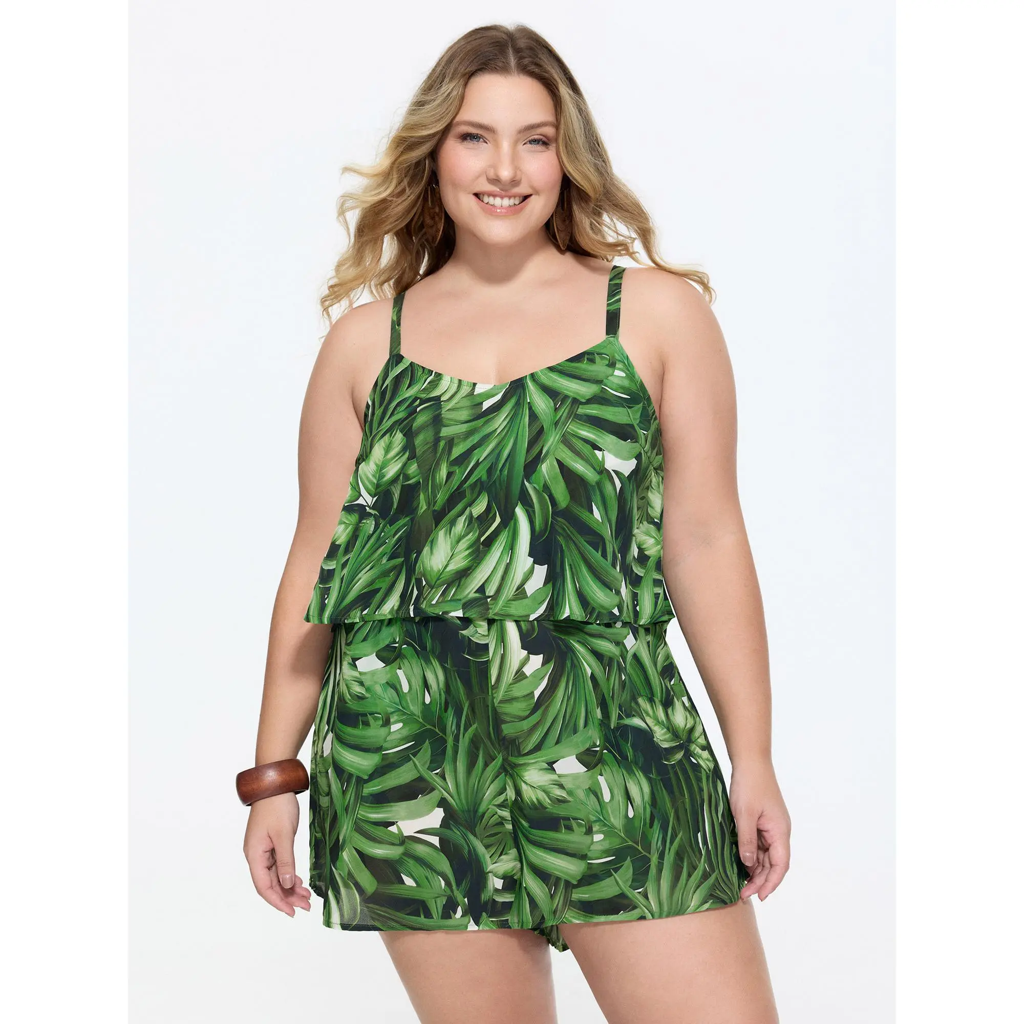 BloomChic Plus Size Tropical Print Overalls, Sleeveless Resort Style with a Shirred Bodice and Wide Legs in Polyester Fabric, Cold Wash, Fit, One-Piece Romper Overalls Shorts