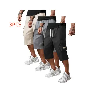 Men’s 3-pack cargo shorts, summer loose fit, quick-dry fabric, multiple pockets, adjustable waistband, suitable for running, travel, hiking, and casual everyday wear; mid-thigh length.