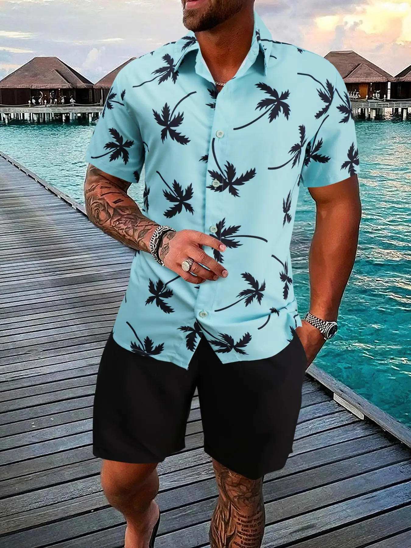 2 Counts Men's Plants Print Shirt & Pocket Drawstring Shorts Set, Boho Casual Tropical Print Button Down Hawaiian Shirt & Shorts, Men's Outfits for Su